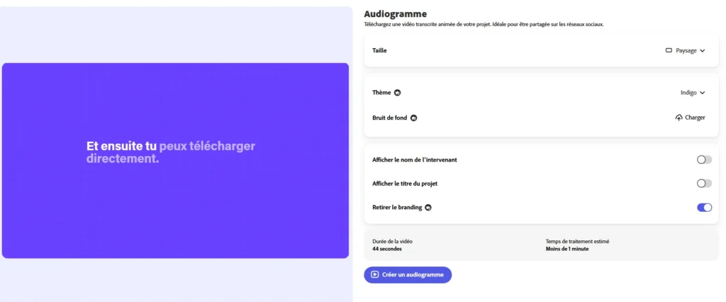 Interface d'Adobe Podcast montrant la création d'un audiogramme vidéo avec options de thème, format et suppression du branding