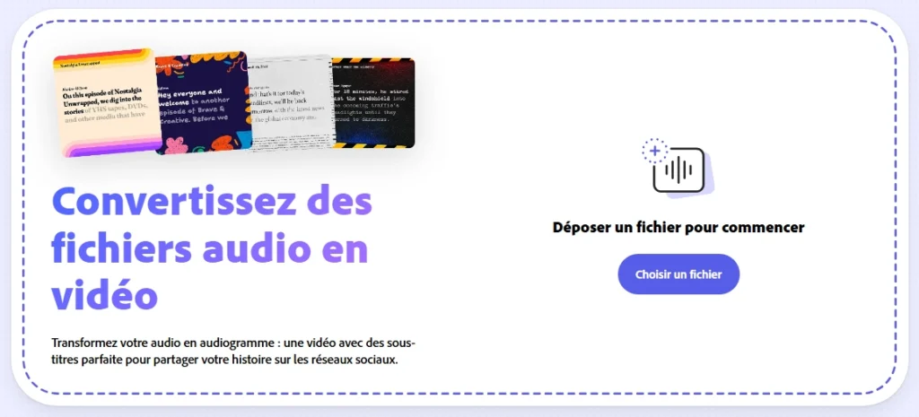 Interface d'Adobe Podcast permettant de convertir un fichier audio en audiogramme vidéo avec sous-titres pour les réseaux sociaux