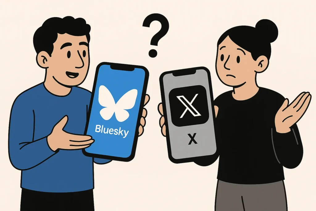Deux utilisateurs comparent les réseaux sociaux Bluesky et X (anciennement Twitter)