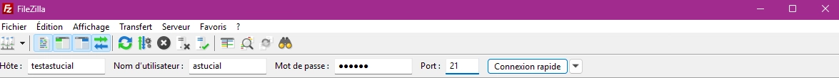 Champ de connexion rapide sur FileZilla pour accéder à un serveur FTP
