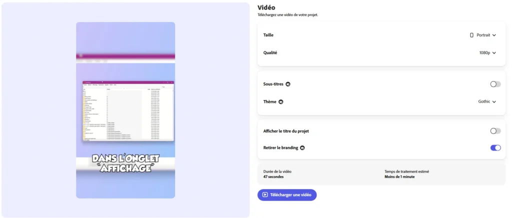 Interface d'Adobe Podcast montrant le sous-titrage automatique d'une vidéo avec options de format et de qualité