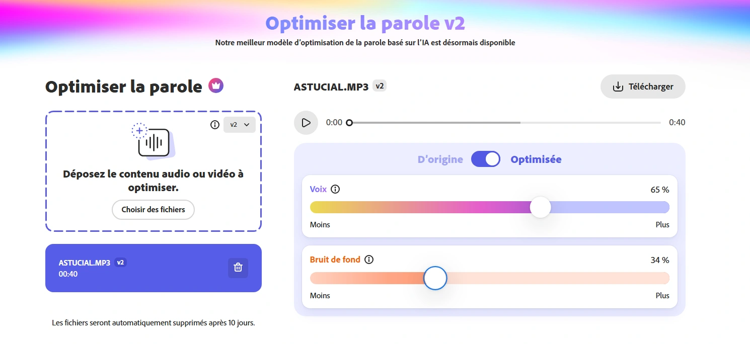 Interface de la fonctionnalité Enhance Speech d’Adobe Podcast permettant d’améliorer la clarté vocale en supprimant les bruits de fond.