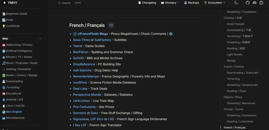 Section French / Français du wiki FMHY listant des ressources en langue française.
