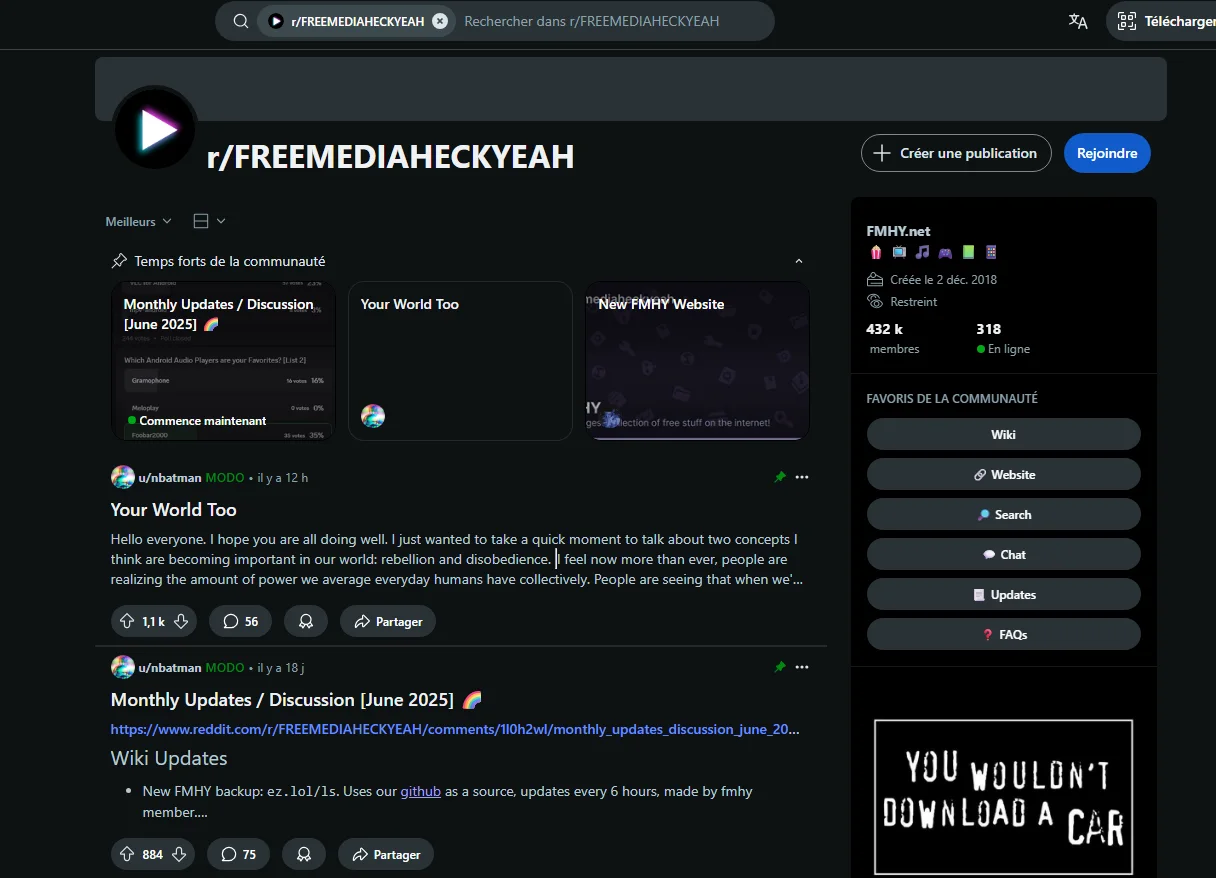 Page d’accueil du subreddit sur Reddit avec le megathread et les ressources disponibles