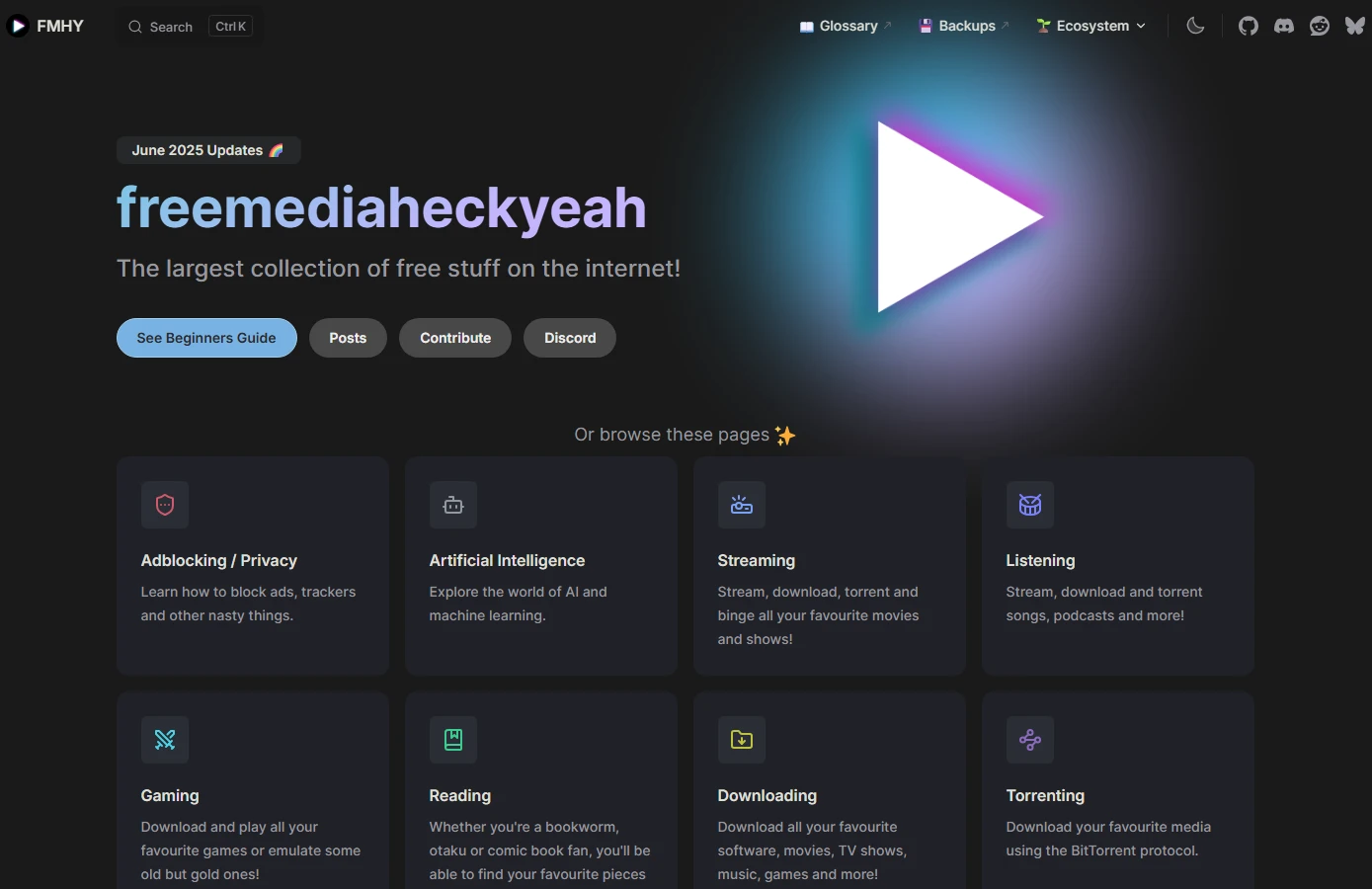 Plateforme FMHY (FreeMediaHeckYeah) affichant les différentes catégories de contenus disponibles gratuitement en ligne