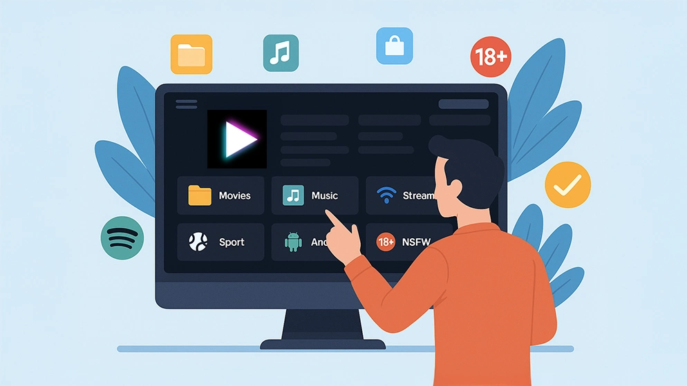 Illustration représentant un utilisateur explorant une plateforme de contenus numériques avec des catégories de films, musique, streaming, applications Android, sport et contenus NSFW
