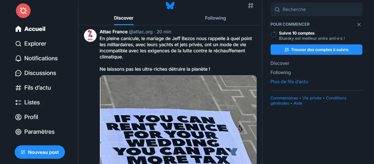 Interface utilisateur de l'application Bluesky montrant le fil d’actualité