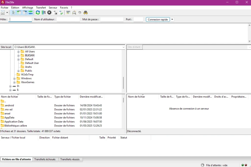 Capture de l’interface de FileZilla affichant les fichiers locaux et distants