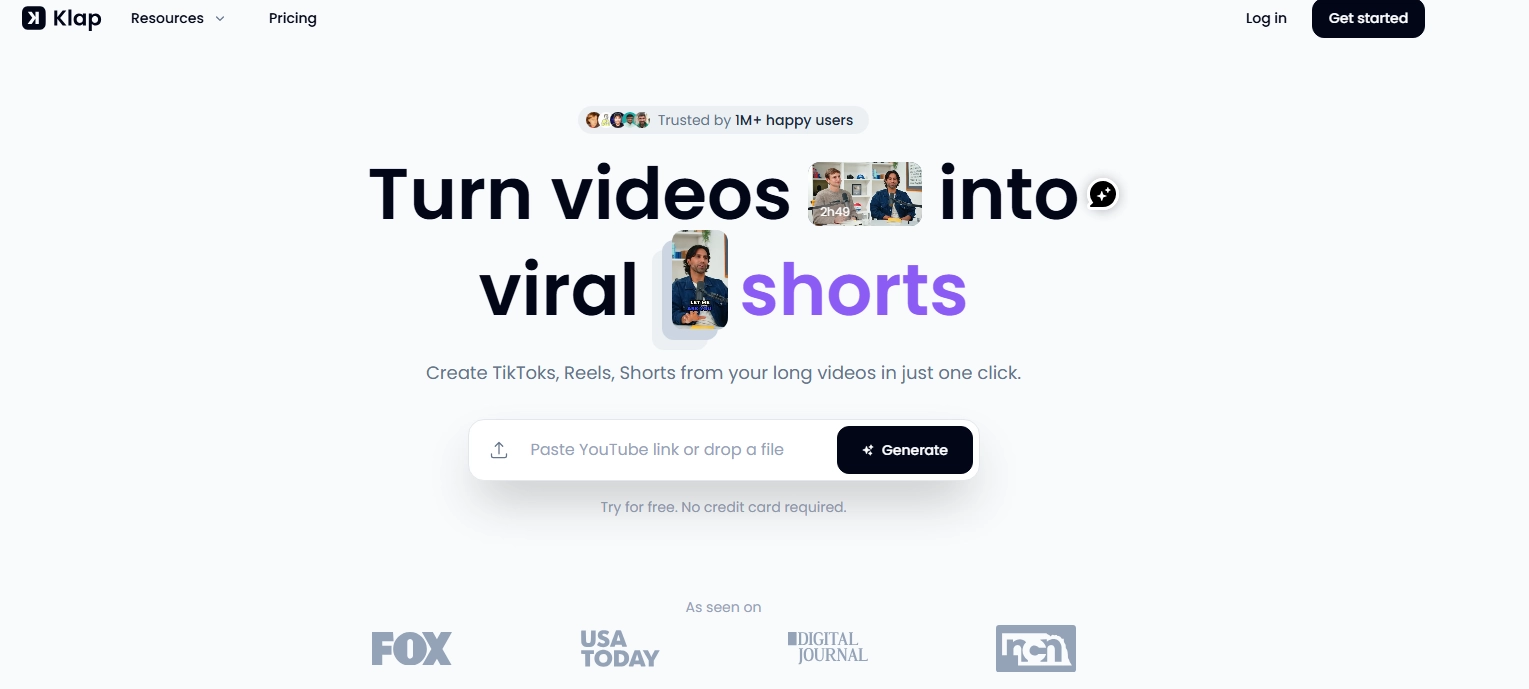 Page d’accueil de Klap.app présentant la génération de vidéos shorts virales à partir de vidéos longues