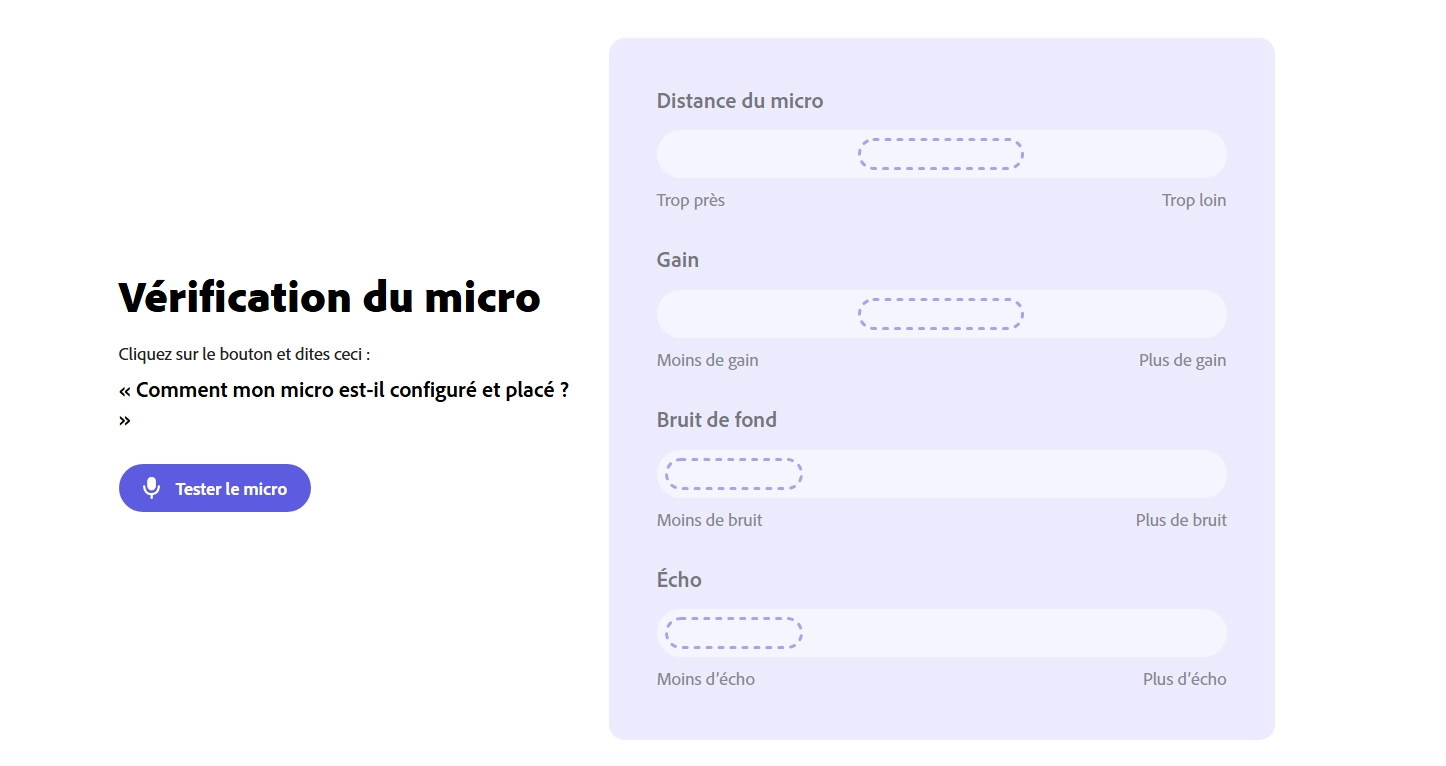 Interface de la fonctionnalité Mic Check sur Adobe Podcast permettant de tester et configurer le micro avant l’enregistrement.