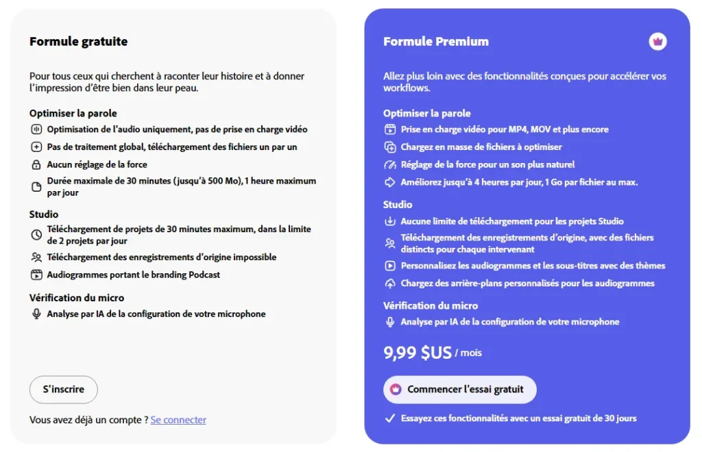 Comparaison des formules gratuite et Premium d'Adobe Podcast avec les principales différences de fonctionnalités et de prix