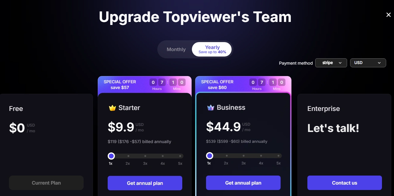 Tableau des prix et abonnements proposés par Topview AI pour créer des vidéos marketing avec l’IA