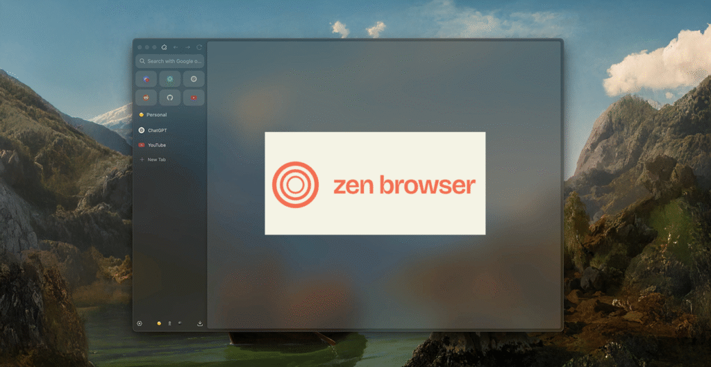 Logo du navigateur Zen Browser affiché sur un écran avec fond de montagne