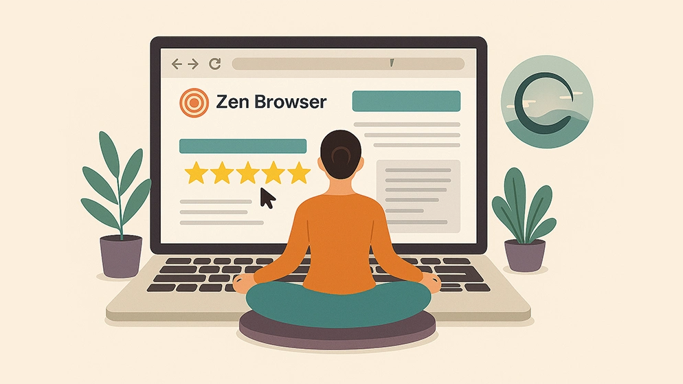 Illustration zen représentant un utilisateur méditant face à l'interface du navigateur Zen Browser