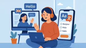 Femme utilisant une application mobile pour apprendre une langue étrangère en ligne en 2025