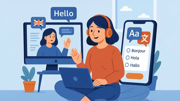 Femme utilisant une application mobile pour apprendre une langue étrangère en ligne en 2025