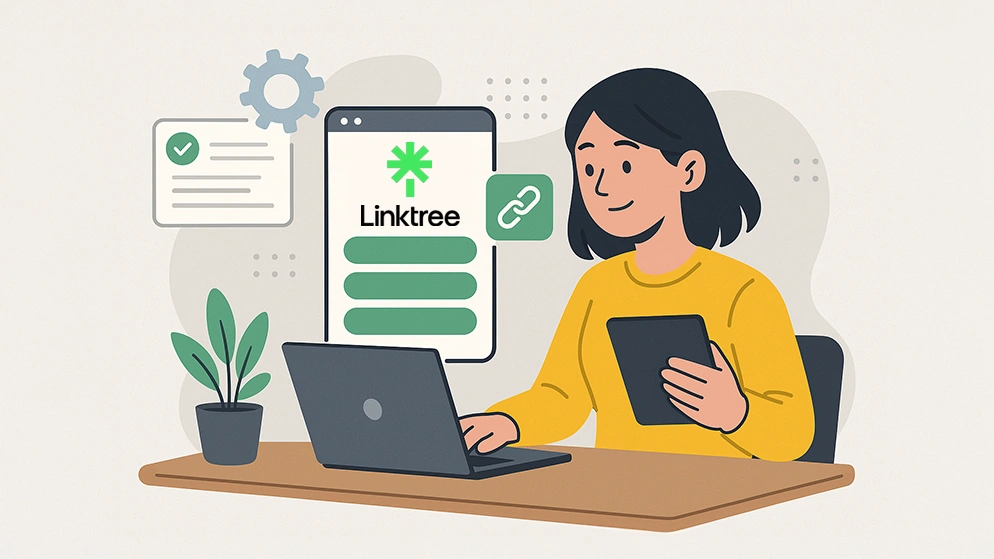 emme créant un Linktree sur son ordinateur pour regrouper ses liens en ligne