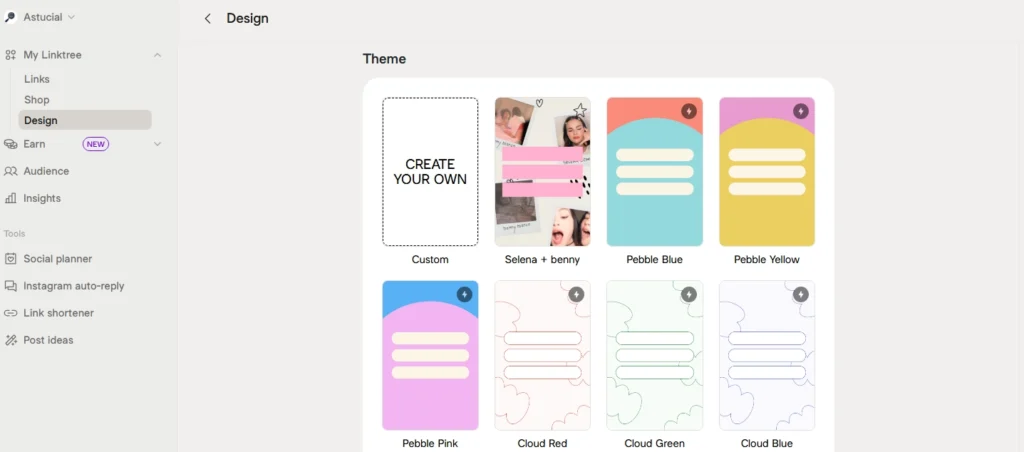 Options de personnalisation de l’apparence sur Linktree : thèmes, couleurs, et design visuel.