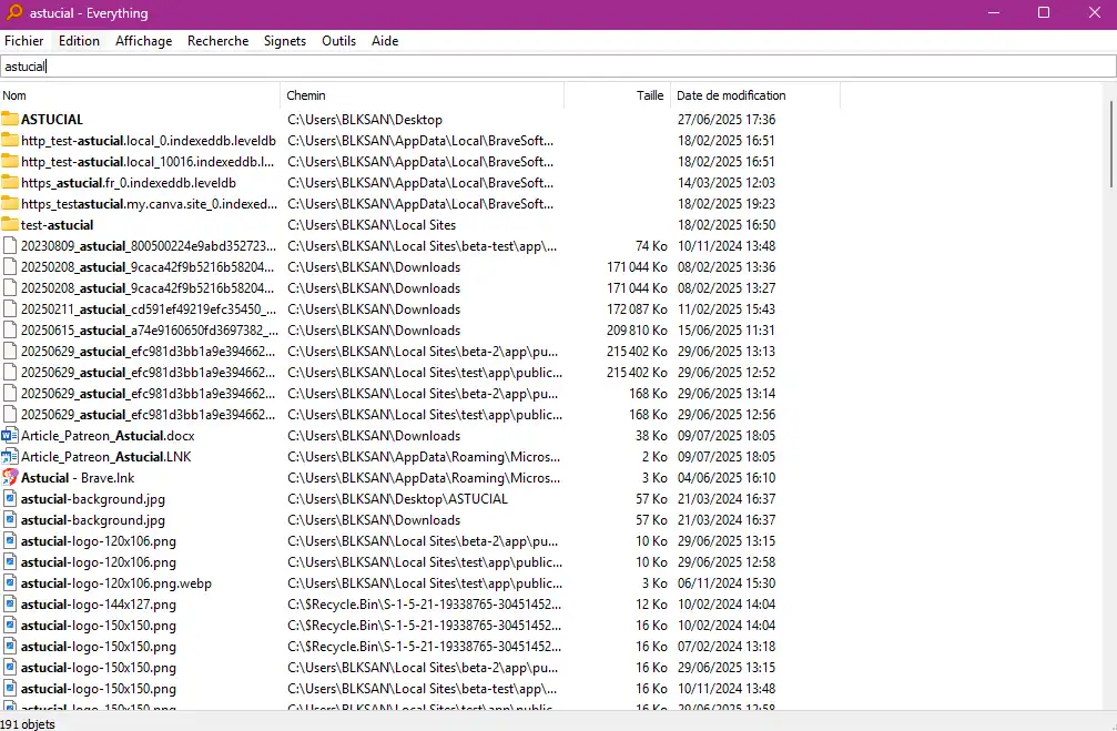 Affichage des résultats de recherche dans l’interface de l’application Everything sur Windows