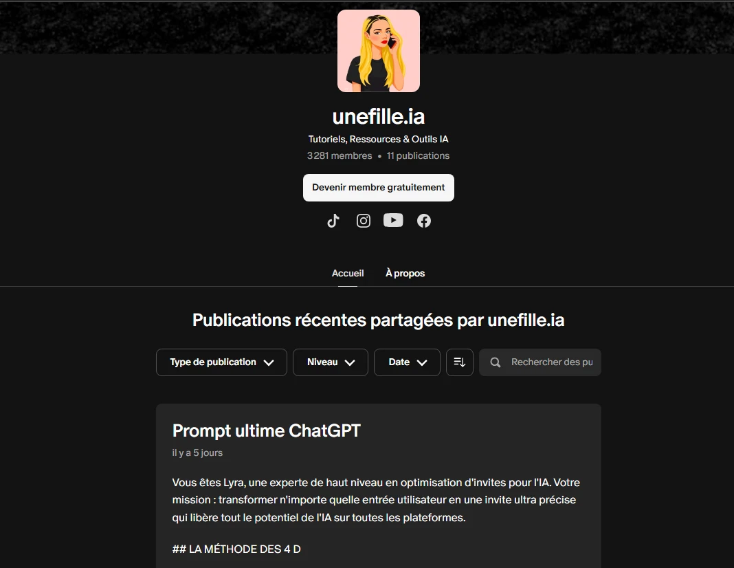 Page de présentation du profil Patreon “unefilleia”