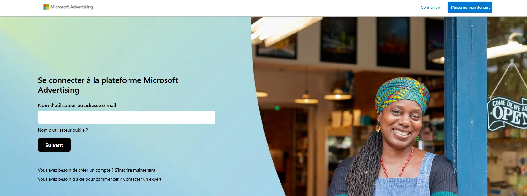 Capture d’écran de la page d’accueil du site Microsoft Advertising avec interface utilisateur