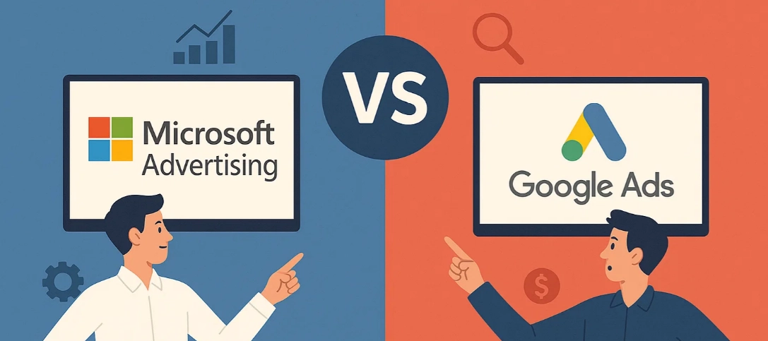 Comparaison entre Microsoft Advertising et Google Ads avec logos sur fond coloré