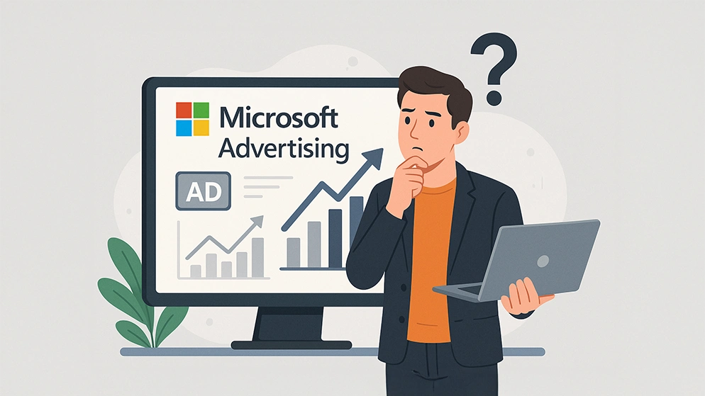 Illustration d’un professionnel devant un écran Microsoft Advertising
