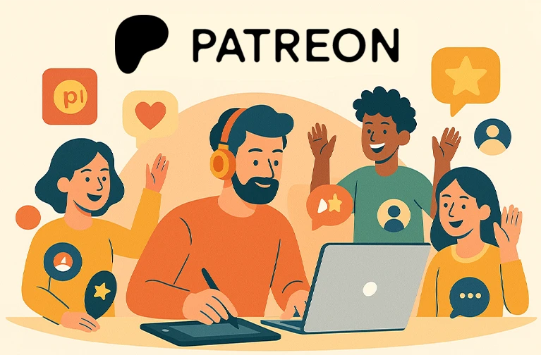 Illustration d’un créateur sur Patreon entouré de fans enthousiastes