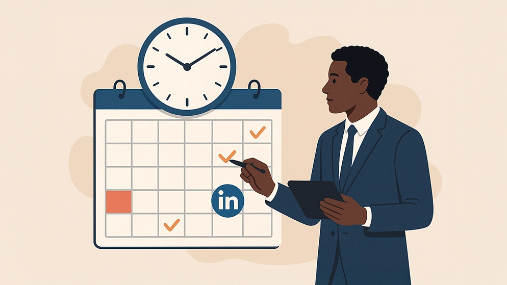 Un professionnel regarde un calendrier et une horloge pour planifier une publication LinkedIn