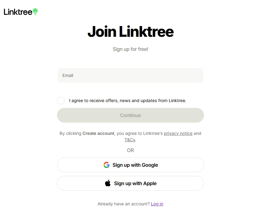 Formulaire d’inscription Linktree pour "comment créer un compte Linktree"
