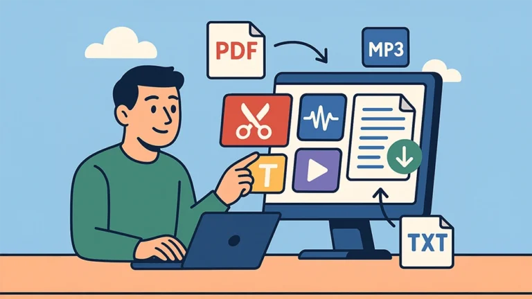 Illustration de 123apps, outils en ligne pour modifier et convertir des fichiers audio, vidéo et PDF
