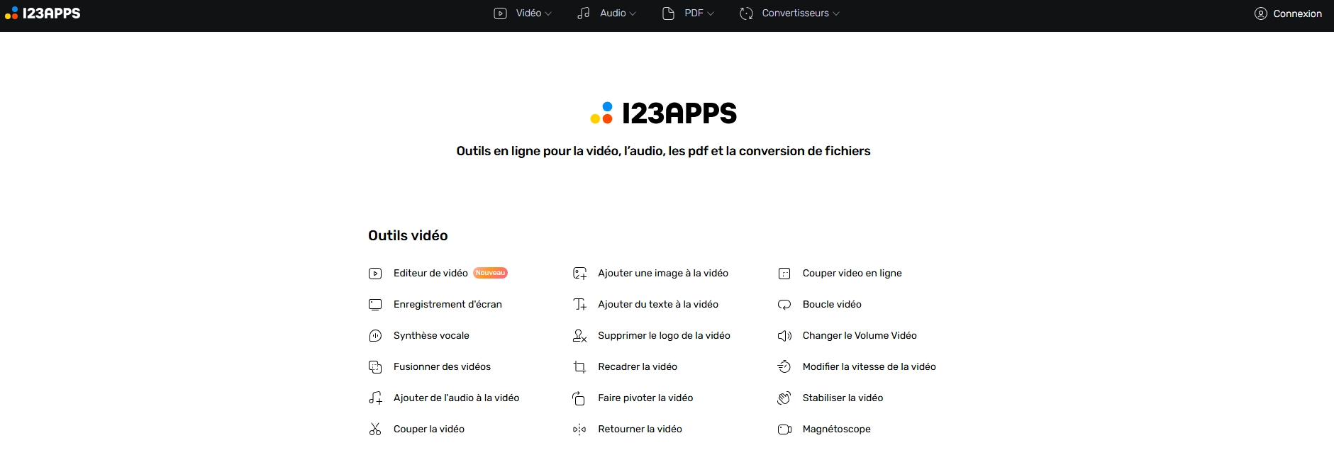 Capture du site 123apps montrant la page d’accueil et ses outils en ligne pour modifier des fichiers audio, vidéo et PDF