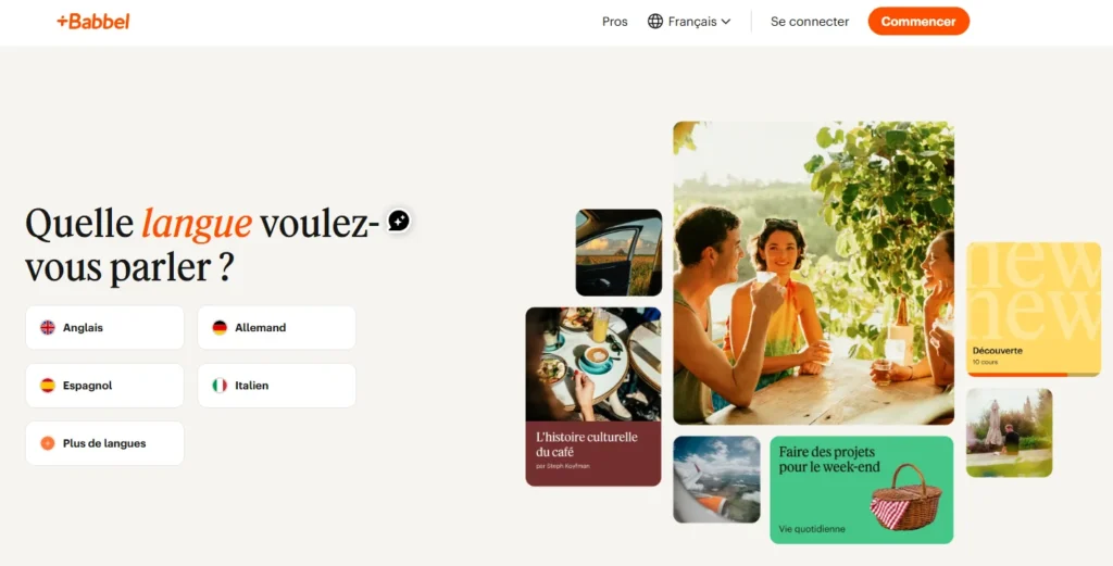 Page d’accueil de l’application Babbel avec aperçu des cours de langue proposés