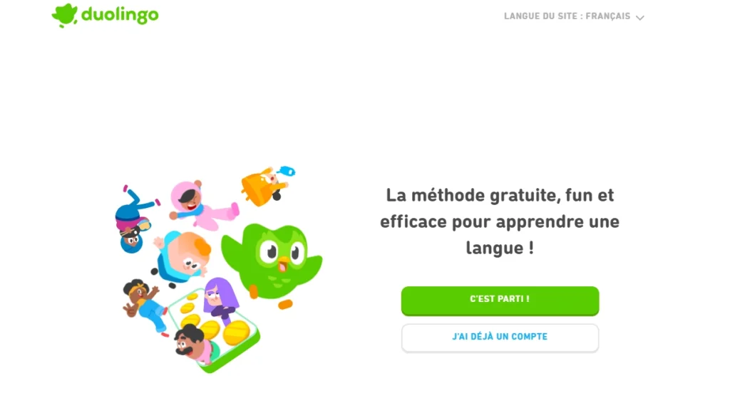 Interface de l'application Duolingo affichant la page d'accueil avec des personnages colorés