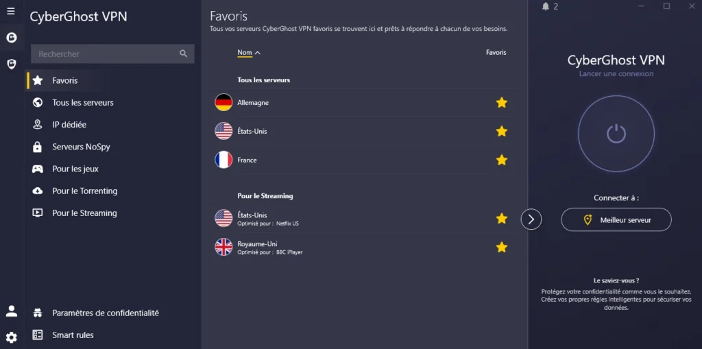 Capture d’écran de CyberGhost VPN, essai gratuit avec accès complet aux serveurs