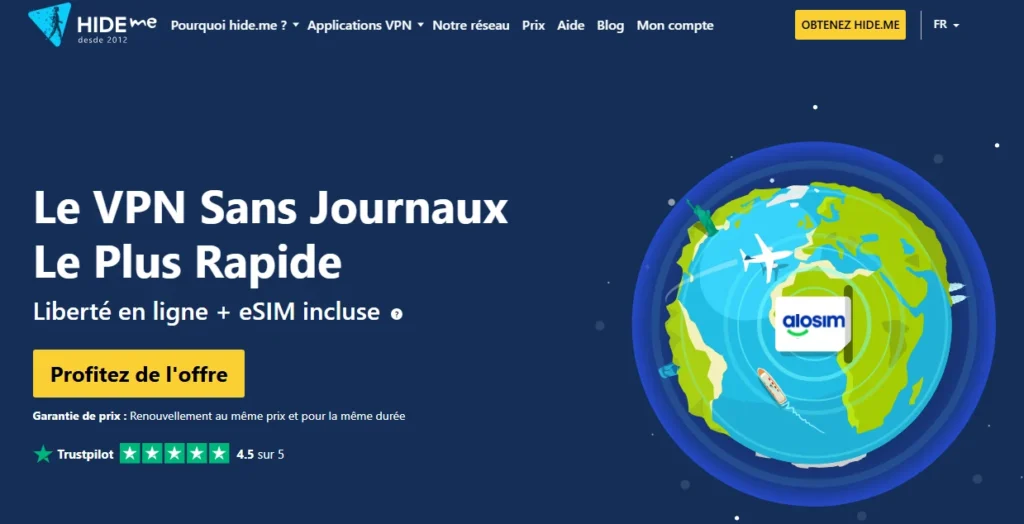 Capture d’écran de Hide.me VPN Free, service gratuit avec 10 Go par mois sans inscription