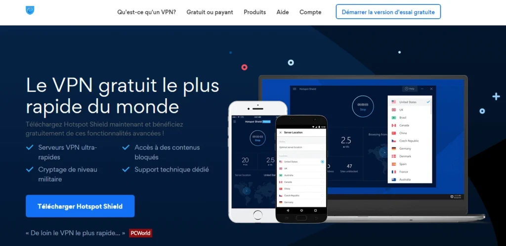 Capture d’écran de Hotspot Shield VPN Free, version gratuite avec 500 Mo par jour