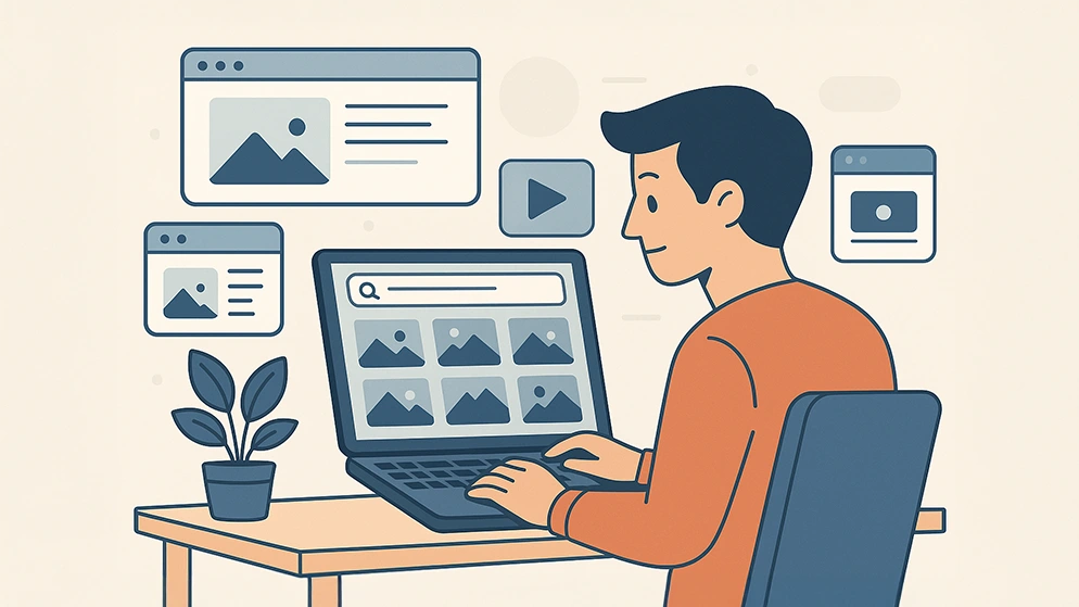 Illustration d’un homme utilisant un ordinateur portable pour rechercher des images libres de droit en ligne