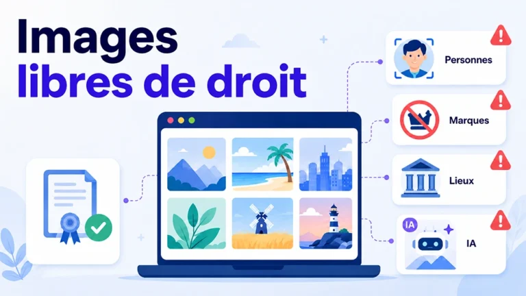 Illustration des images libres de droit et des pièges liés aux personnes, marques, lieux et contenus IA