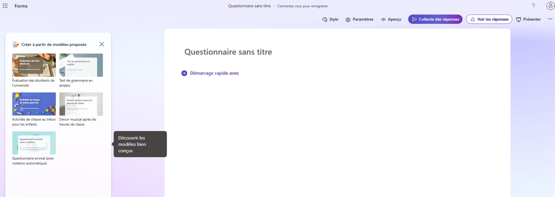 Interface de Microsoft Forms, alternative à Google Forms intégrée à Office 365