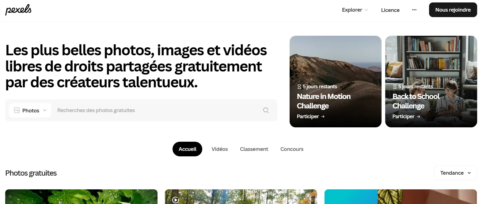 Capture d’écran du site Pexels, banque d’images libres de droit gratuites et modernes