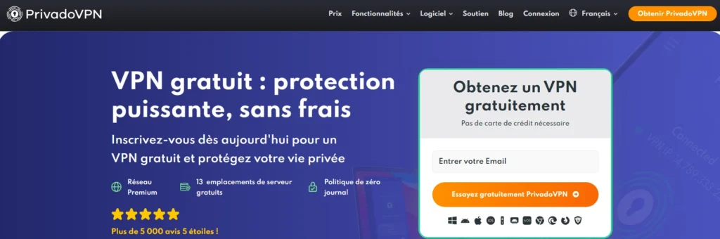 Capture d’écran de PrivadoVPN Free, VPN gratuit offrant 10 Go par mois