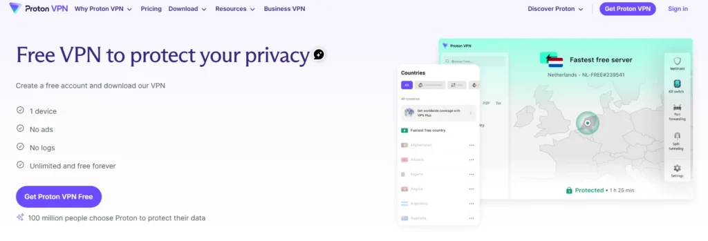Capture d’écran de Proton VPN Free, l’un des meilleurs VPN gratuits en 2025