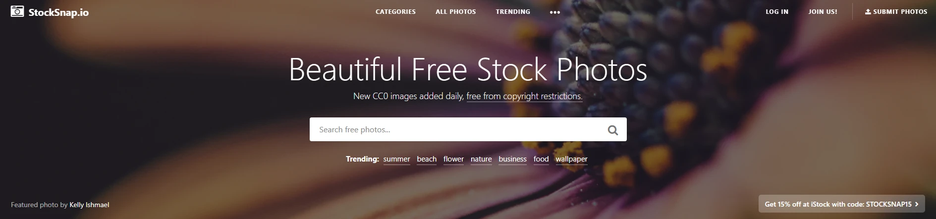 Capture d’écran du site StockSnap.io, photos libres de droit gratuites et variées