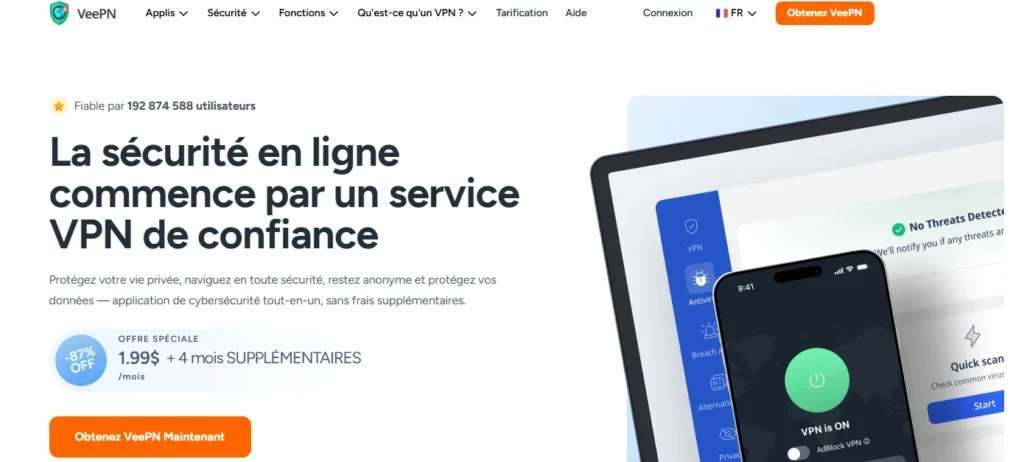 Capture d’écran de VeePN, VPN avec essai gratuit de 7 jours