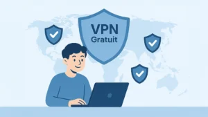 Illustration VPN gratuit protection en ligne avec un ordinateur et des boucliers de sécurité