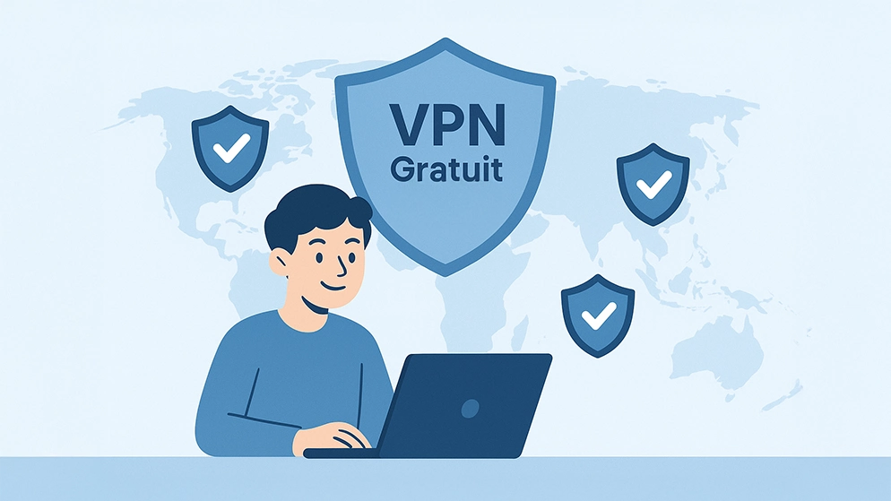 Illustration VPN gratuit protection en ligne avec un ordinateur et des boucliers de sécurité