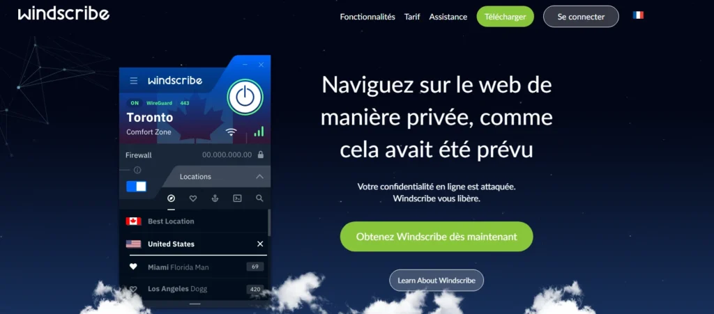 Capture d’écran de Windscribe VPN, l’un des meilleurs VPN gratuits avec 10 Go par mois