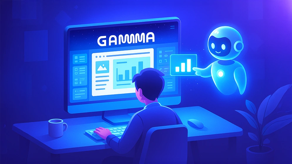 Illustration représentant un utilisateur créant une présentation avec l’intelligence artificielle Gamma IA, outil moderne et innovant.