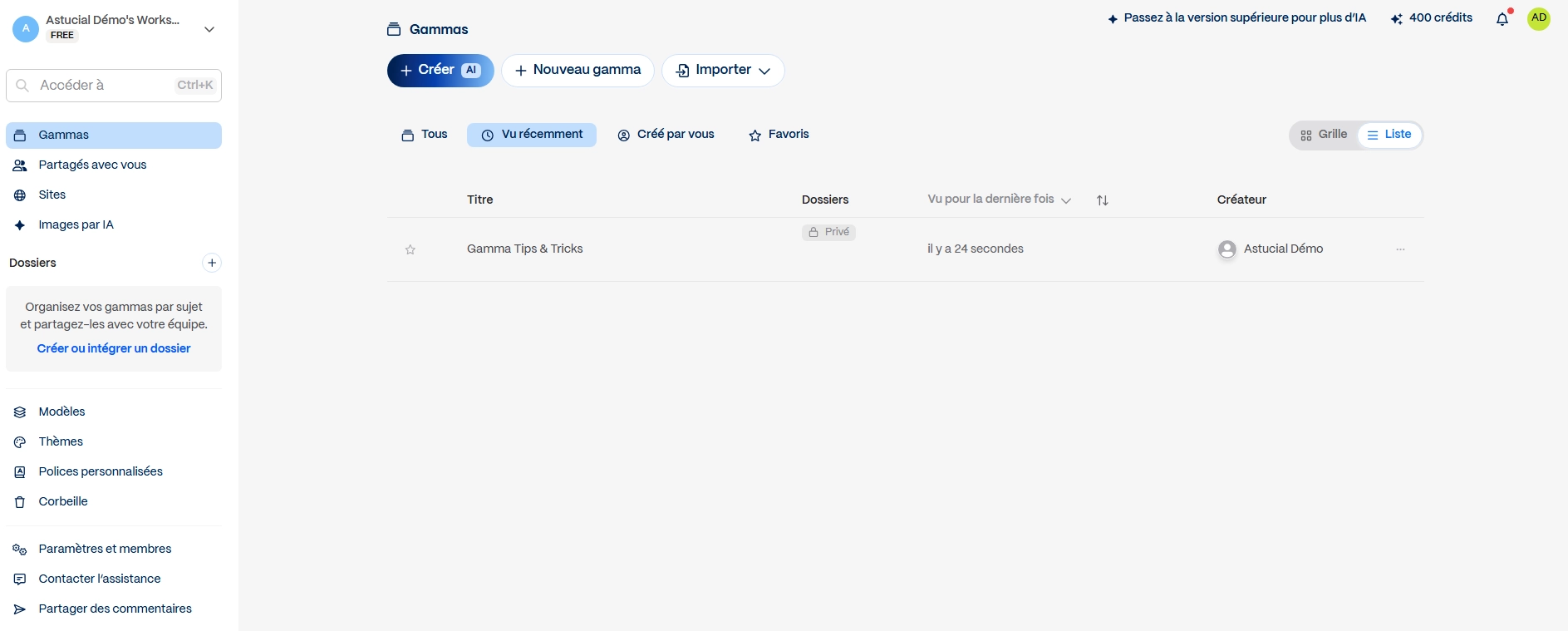 Interface de l’application Gamma IA utilisée pour créer des présentations automatiquement grâce à l’intelligence artificielle.